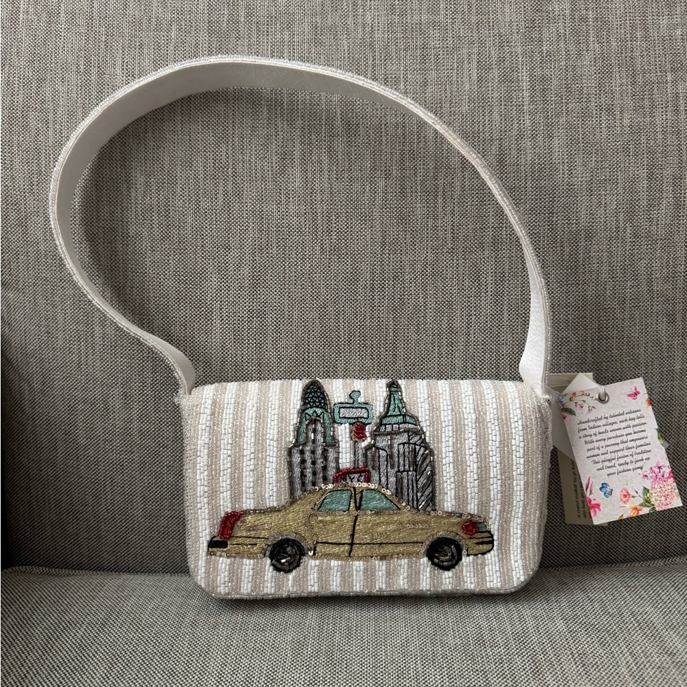 Embroidered Taxi City Shoulder Bag in White by